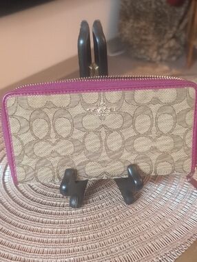 Coach Signature Canvas Zip Wallet with Pink Trim